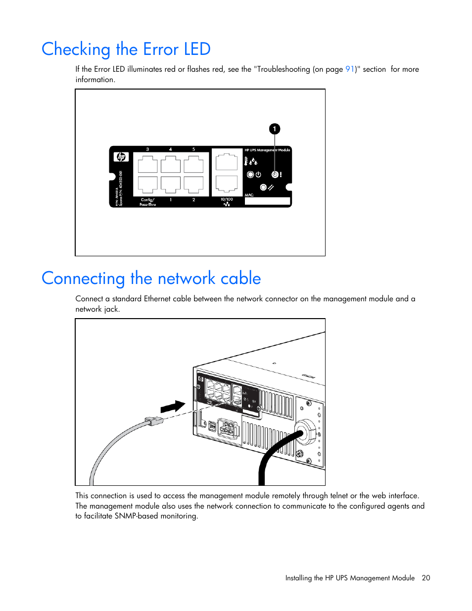 Checking the error led, Connecting the network cable | HP UPS Management Modules User Manual | Page 20 / 133