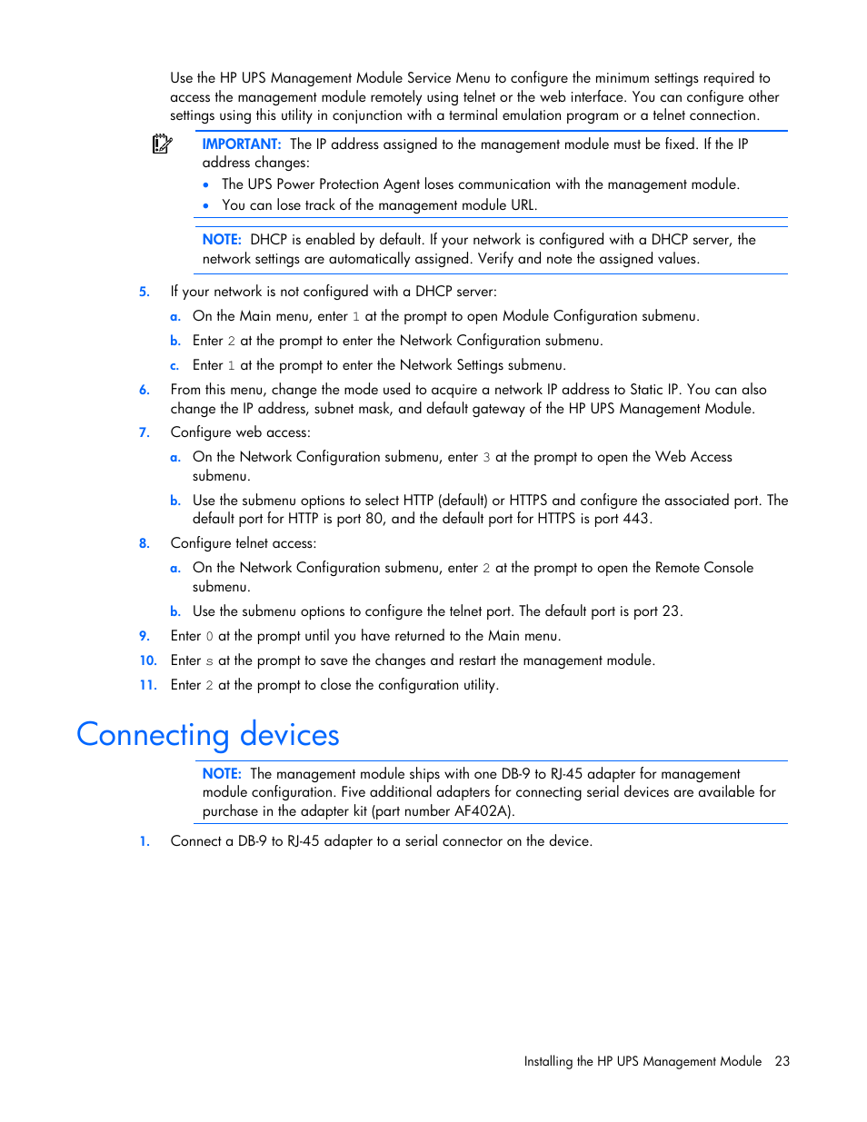 Connecting devices | HP UPS Management Modules User Manual | Page 23 / 133