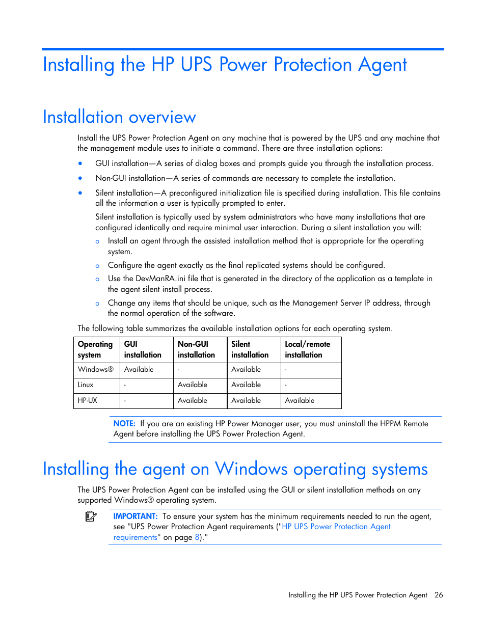 Installing the hp ups power protection agent, Installation overview, Installing the agent on windows operating systems | HP UPS Management Modules User Manual | Page 26 / 133