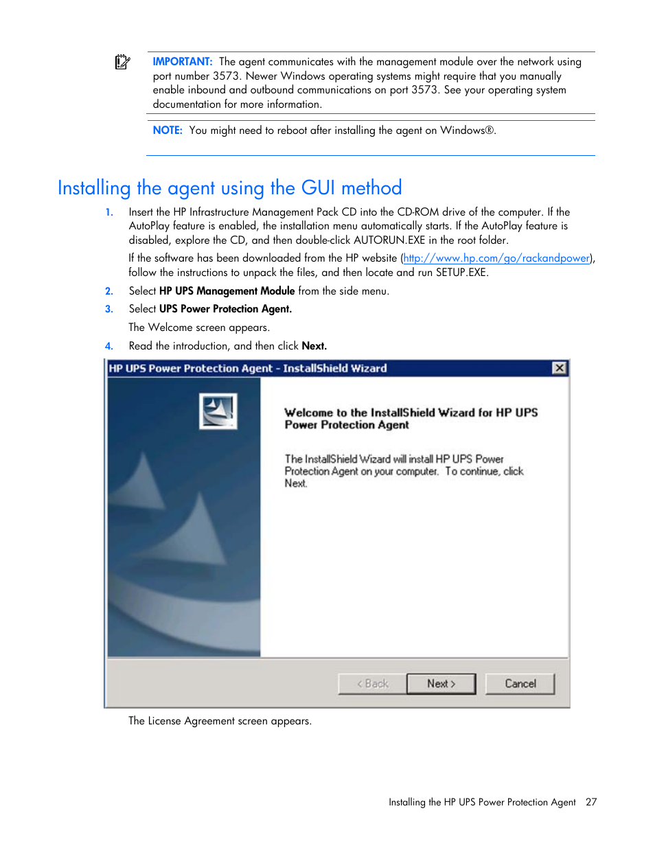 Installing the agent using the gui method | HP UPS Management Modules User Manual | Page 27 / 133