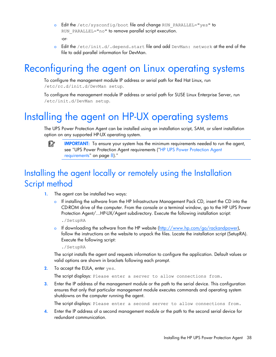 Reconfiguring the agent on linux operating systems, Installing the agent on hp-ux operating systems | HP UPS Management Modules User Manual | Page 38 / 133