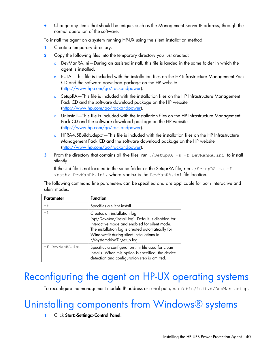 Reconfiguring the agent on hp-ux operating systems, Uninstalling components from windows® systems | HP UPS Management Modules User Manual | Page 40 / 133