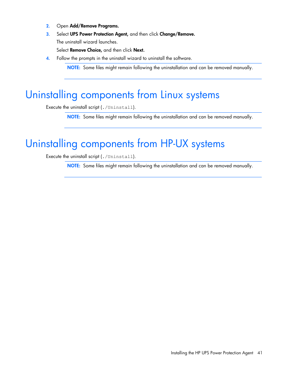 Uninstalling components from linux systems, Uninstalling components from hp-ux systems | HP UPS Management Modules User Manual | Page 41 / 133