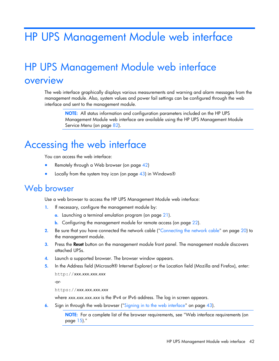 Hp ups management module web interface, Hp ups management module web interface overview, Accessing the web interface | Web browser | HP UPS Management Modules User Manual | Page 42 / 133