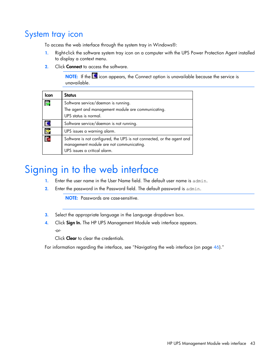 System tray icon, Signing in to the web interface | HP UPS Management Modules User Manual | Page 43 / 133