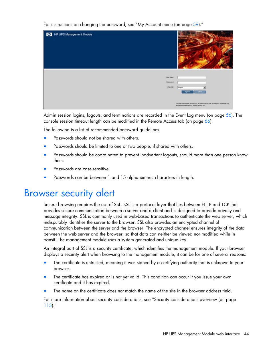 Browser security alert | HP UPS Management Modules User Manual | Page 44 / 133