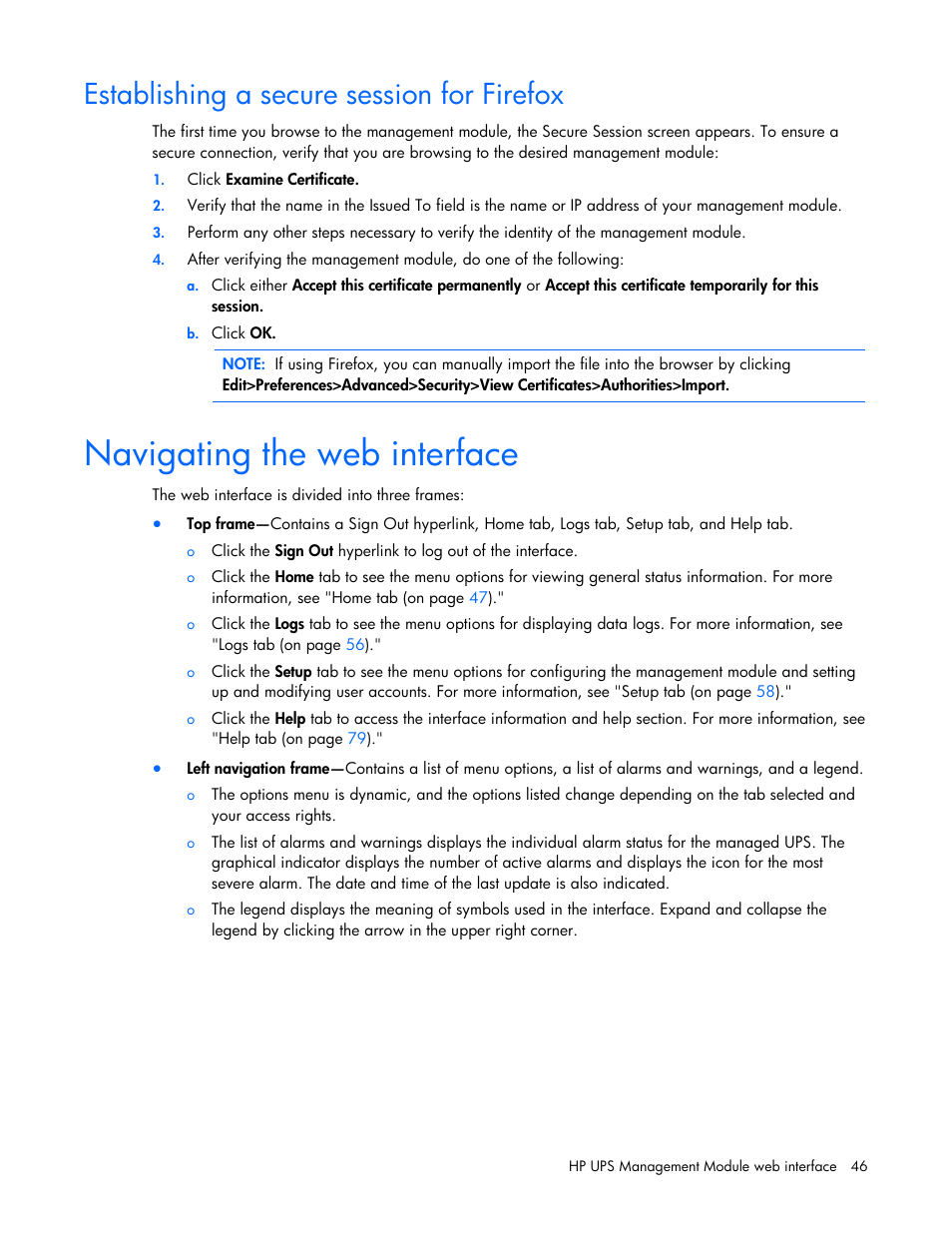 Establishing a secure session for firefox, Navigating the web interface | HP UPS Management Modules User Manual | Page 46 / 133