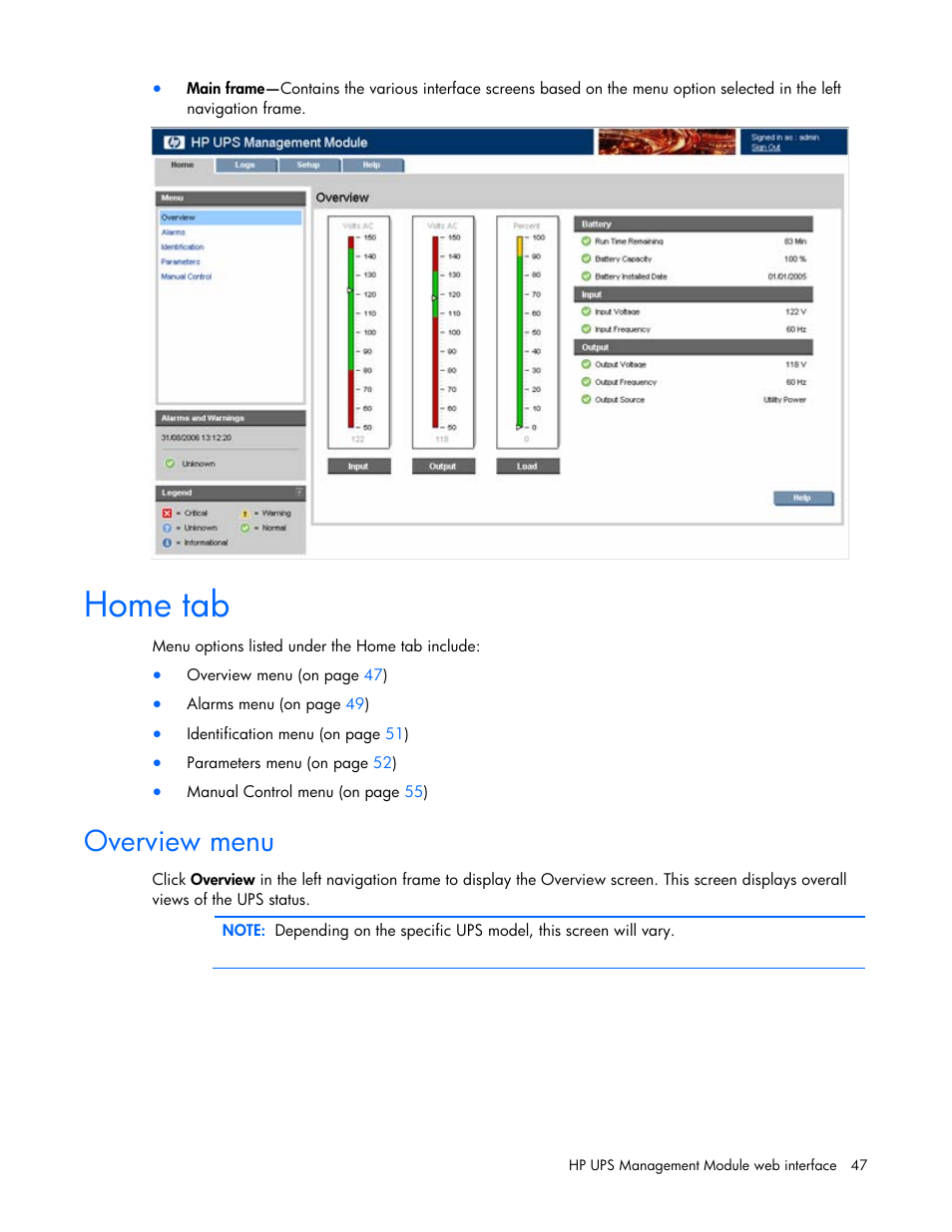 Home tab, Overview menu | HP UPS Management Modules User Manual | Page 47 / 133