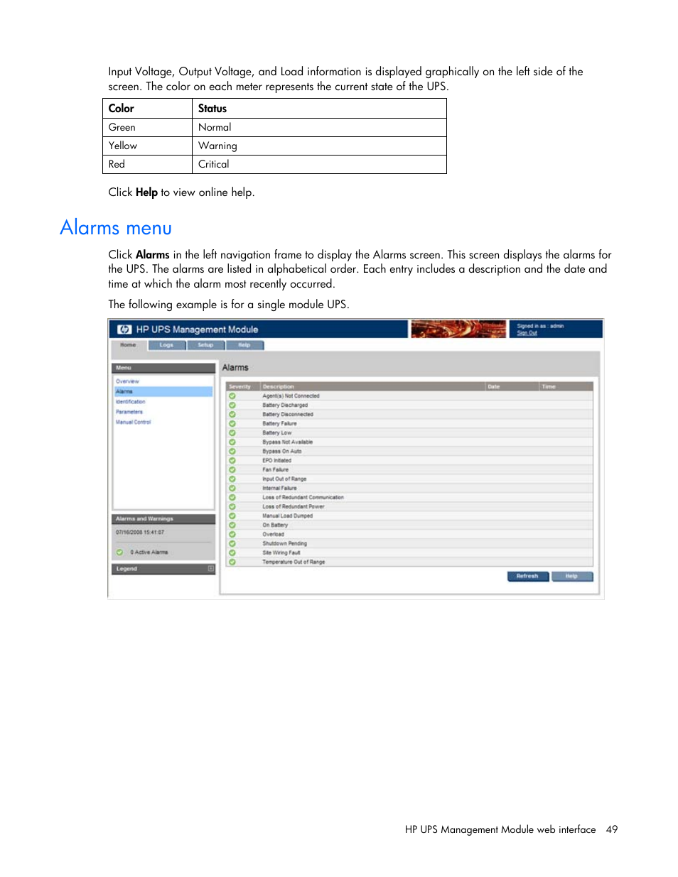 Alarms menu | HP UPS Management Modules User Manual | Page 49 / 133