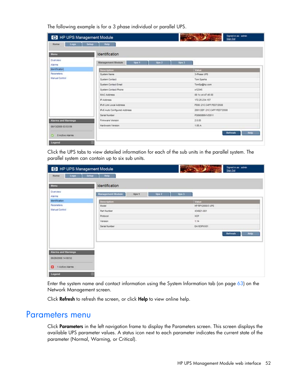 Parameters menu | HP UPS Management Modules User Manual | Page 52 / 133