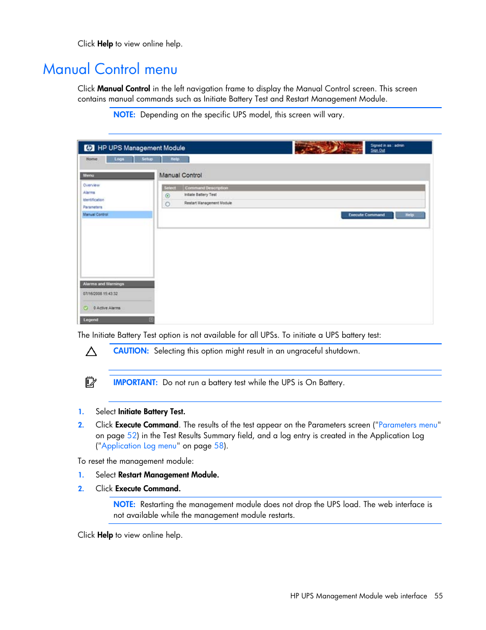 Manual control menu | HP UPS Management Modules User Manual | Page 55 / 133