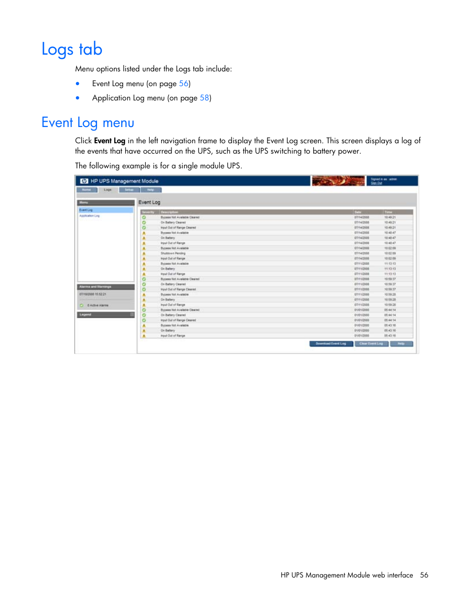 Logs tab, Event log menu | HP UPS Management Modules User Manual | Page 56 / 133