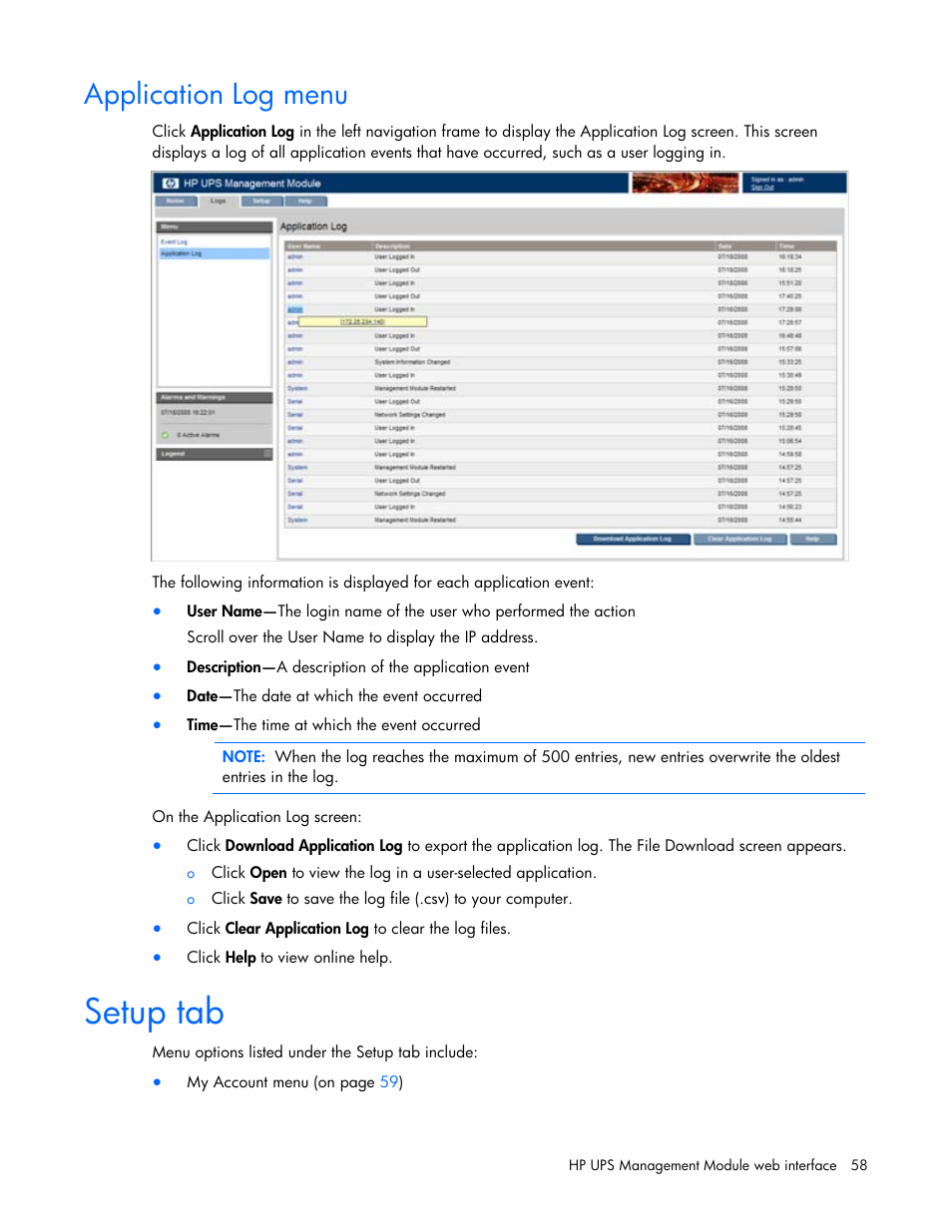 Application log menu, Setup tab | HP UPS Management Modules User Manual | Page 58 / 133