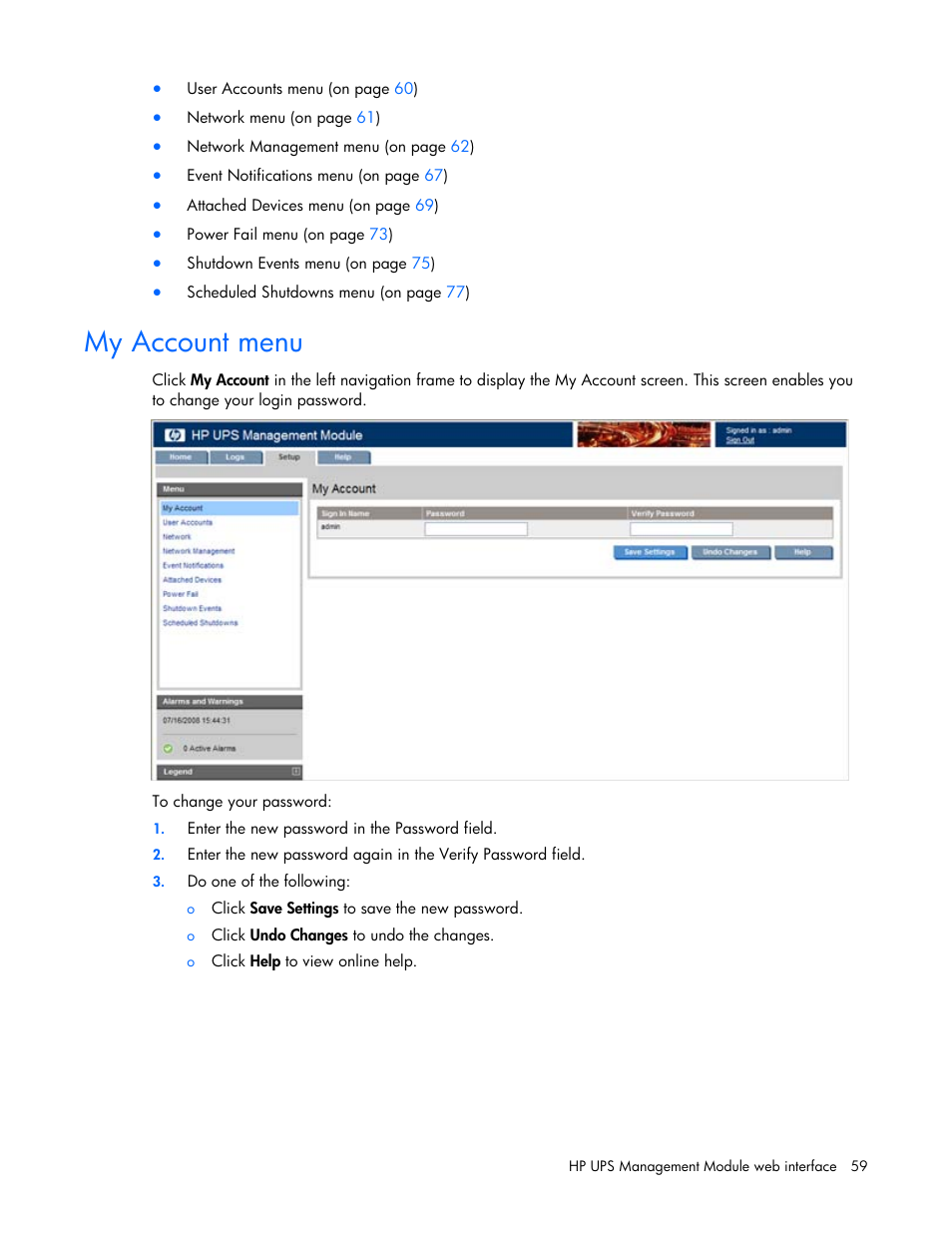 My account menu | HP UPS Management Modules User Manual | Page 59 / 133