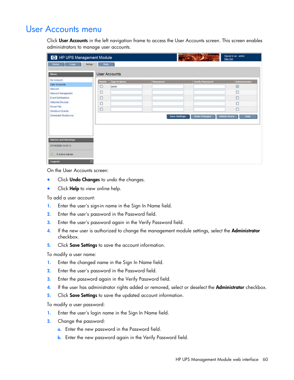 User accounts menu | HP UPS Management Modules User Manual | Page 60 / 133