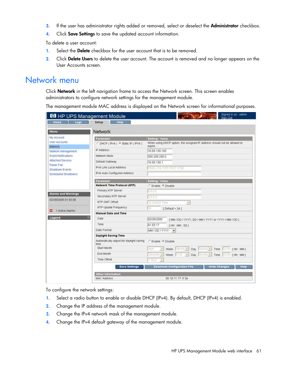Network menu | HP UPS Management Modules User Manual | Page 61 / 133