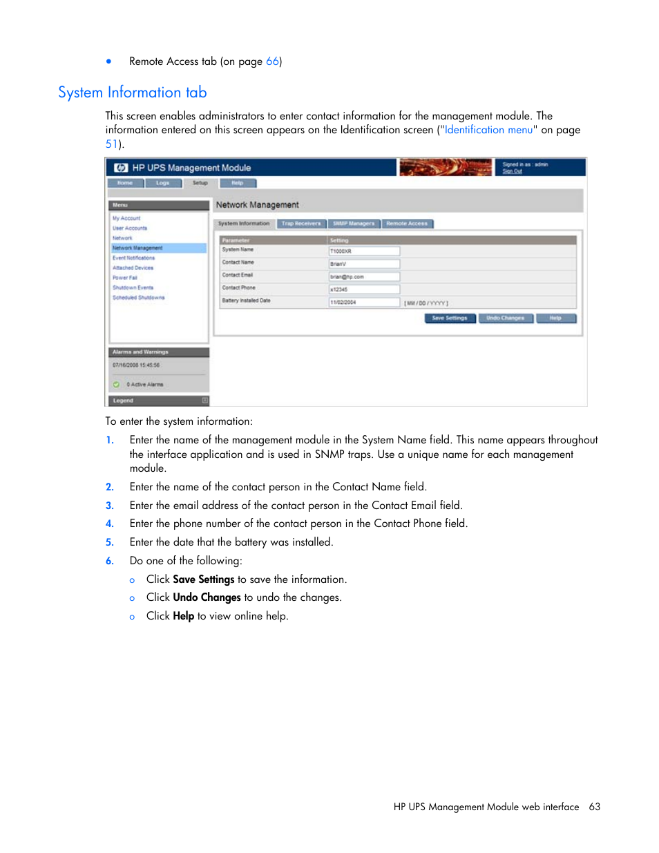 System information tab | HP UPS Management Modules User Manual | Page 63 / 133