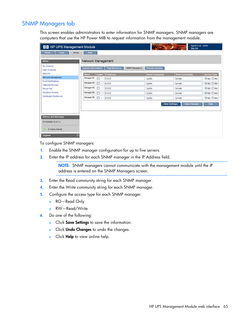 Snmp managers tab | HP UPS Management Modules User Manual | Page 65 / 133