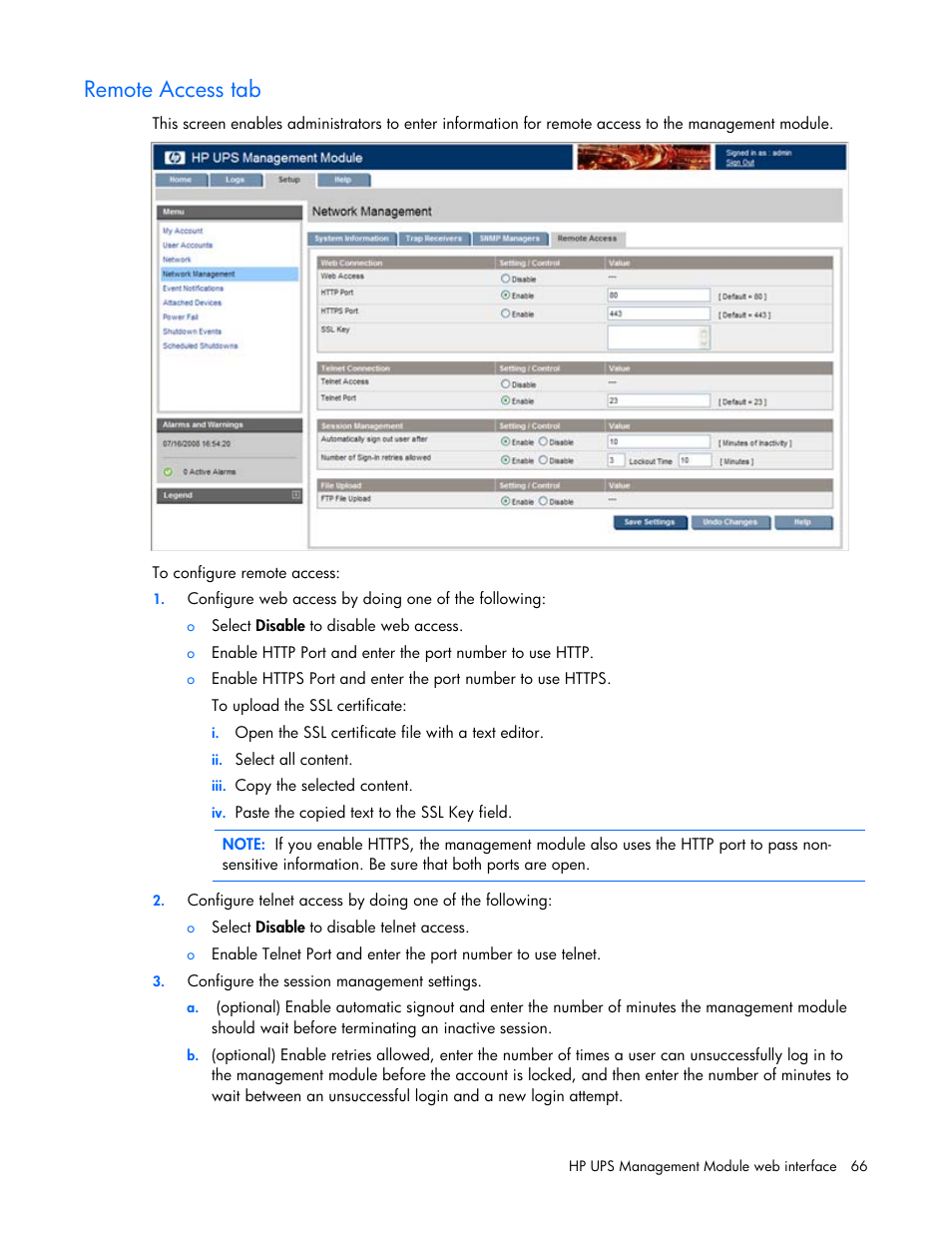 Remote access tab | HP UPS Management Modules User Manual | Page 66 / 133