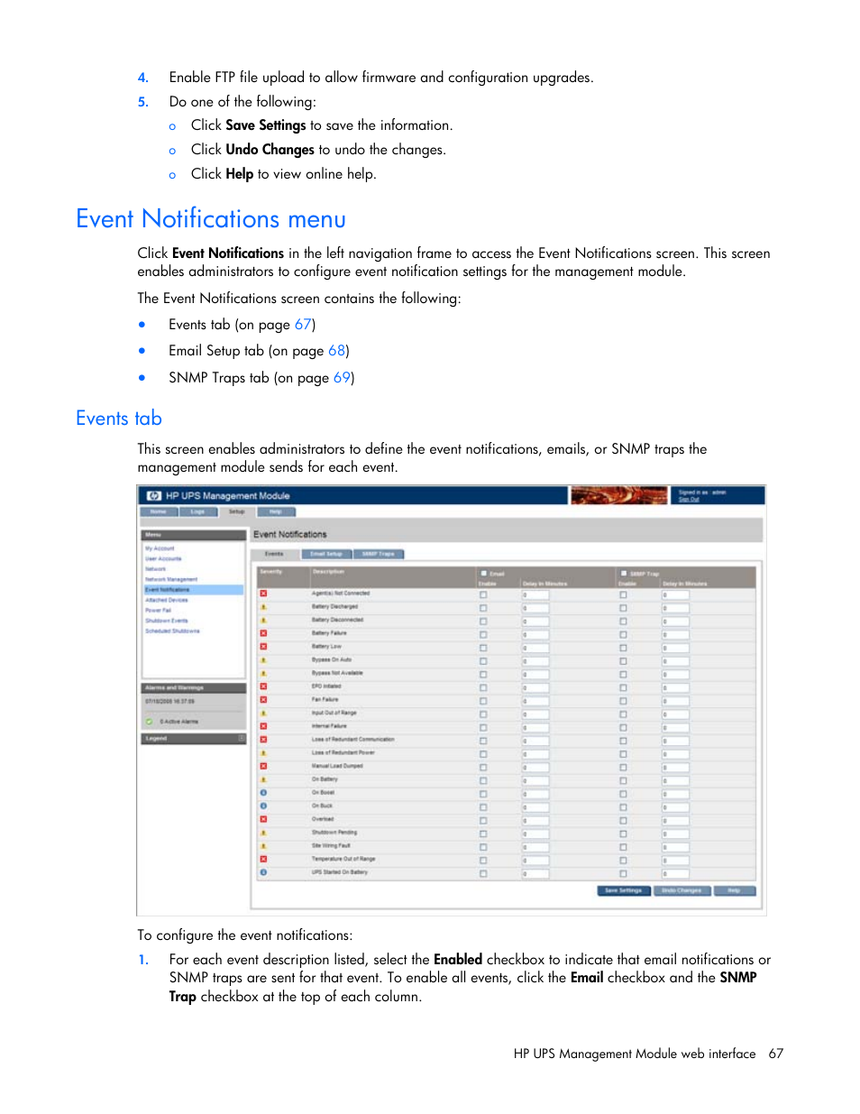 Event notifications menu, Events tab | HP UPS Management Modules User Manual | Page 67 / 133