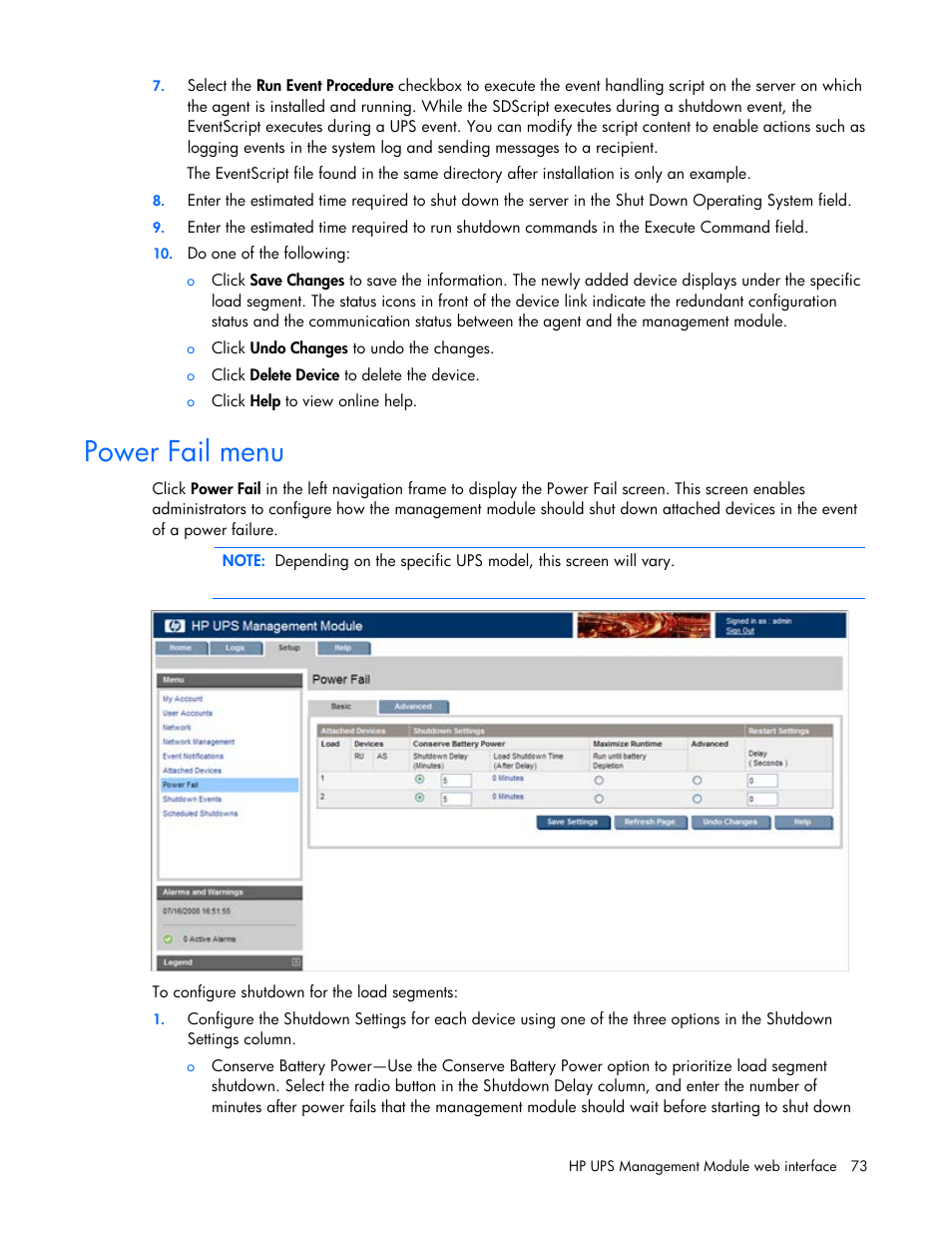 Power fail menu | HP UPS Management Modules User Manual | Page 73 / 133