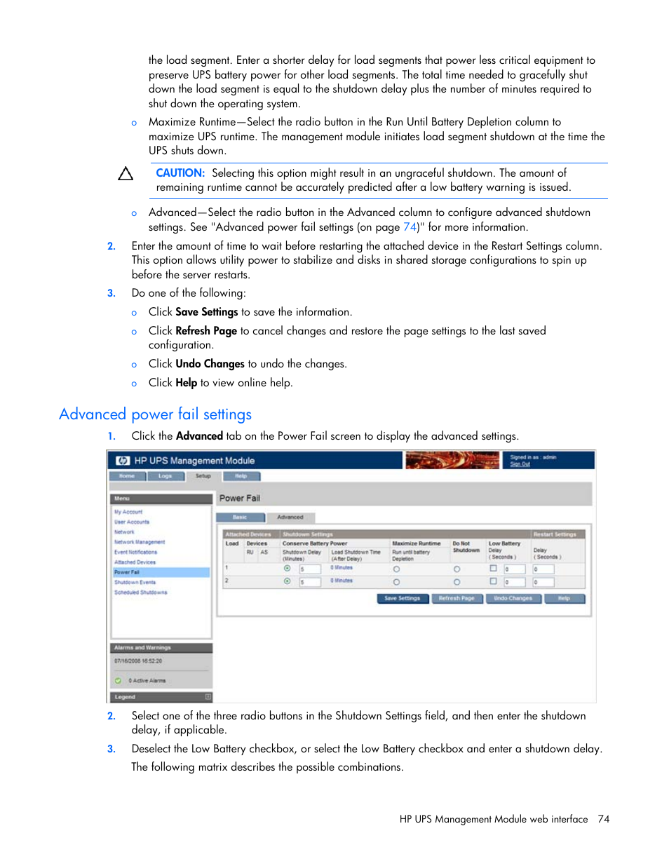 Advanced power fail settings | HP UPS Management Modules User Manual | Page 74 / 133