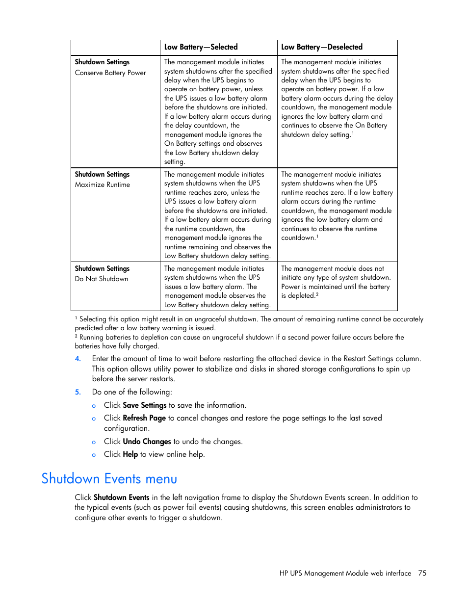 Shutdown events menu | HP UPS Management Modules User Manual | Page 75 / 133