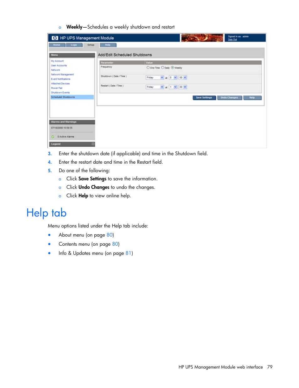 Help tab | HP UPS Management Modules User Manual | Page 79 / 133