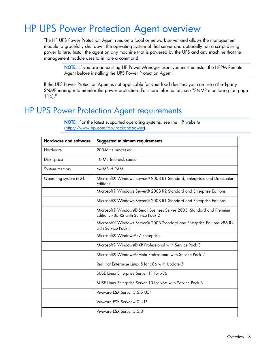 Hp ups power protection agent overview, Hp ups power protection agent requirements | HP UPS Management Modules User Manual | Page 8 / 133