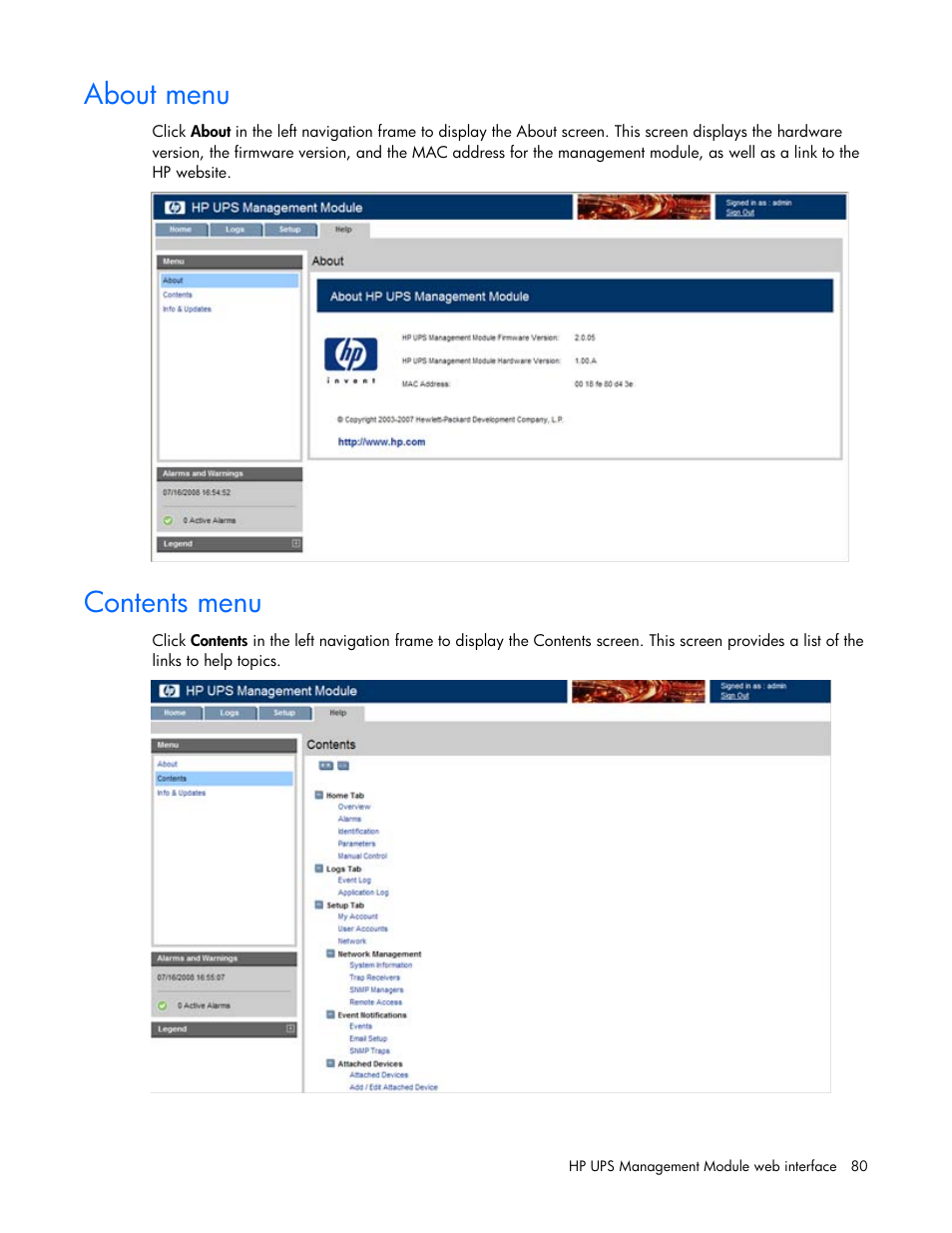 About menu, Contents menu, About menu contents menu | HP UPS Management Modules User Manual | Page 80 / 133