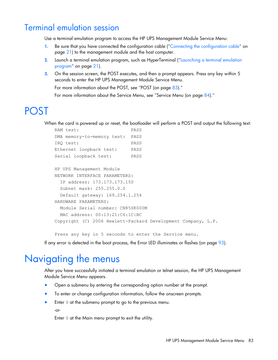 Terminal emulation session, Post, Navigating the menus | Post navigating the menus | HP UPS Management Modules User Manual | Page 83 / 133