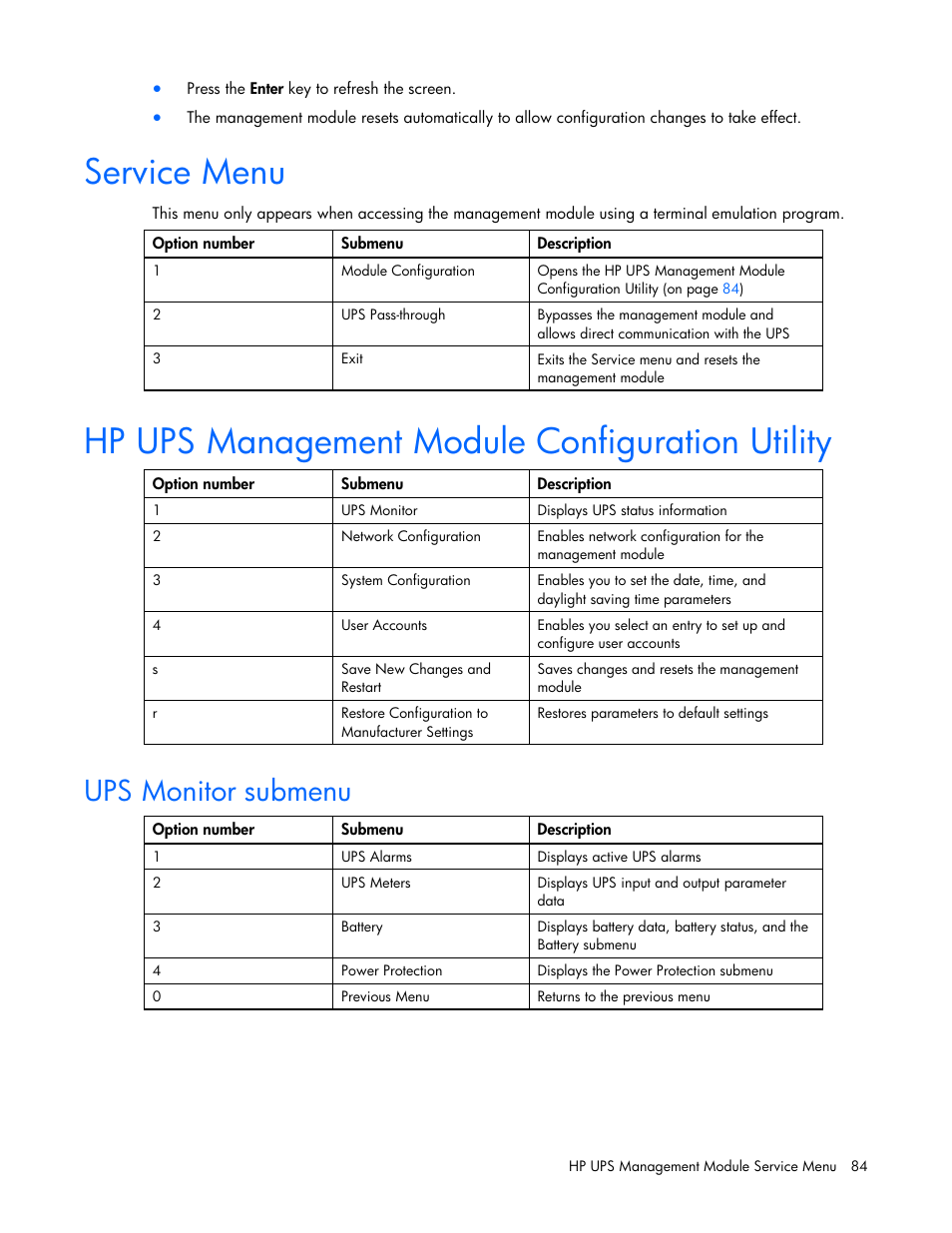 Service menu, Hp ups management module configuration utility, Ups monitor submenu | HP UPS Management Modules User Manual | Page 84 / 133