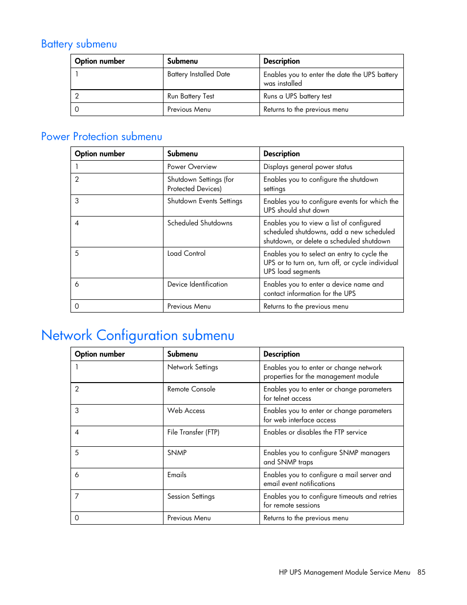 Battery submenu, Power protection submenu, Network configuration submenu | HP UPS Management Modules User Manual | Page 85 / 133