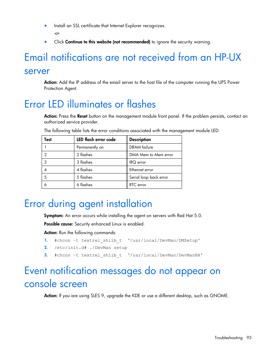 Error led illuminates or flashes, Error during agent installation | HP UPS Management Modules User Manual | Page 93 / 133