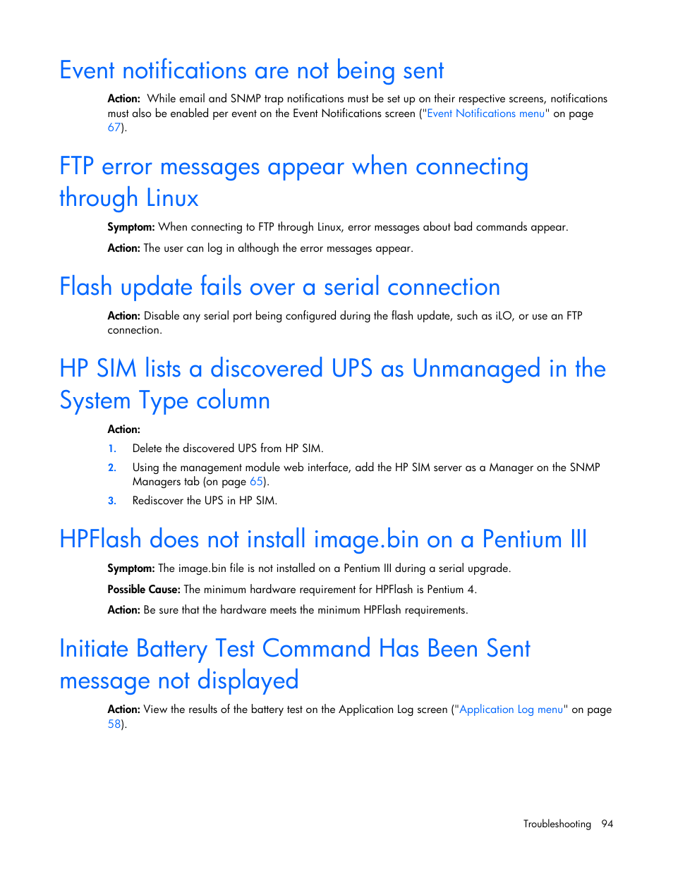Event notifications are not being sent, Flash update fails over a serial connection | HP UPS Management Modules User Manual | Page 94 / 133