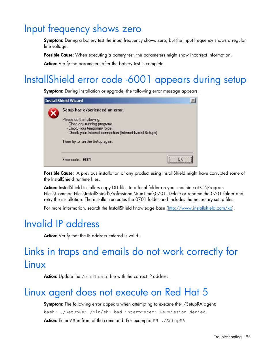 Input frequency shows zero, Invalid ip address, Linux agent does not execute on red hat 5 | HP UPS Management Modules User Manual | Page 95 / 133