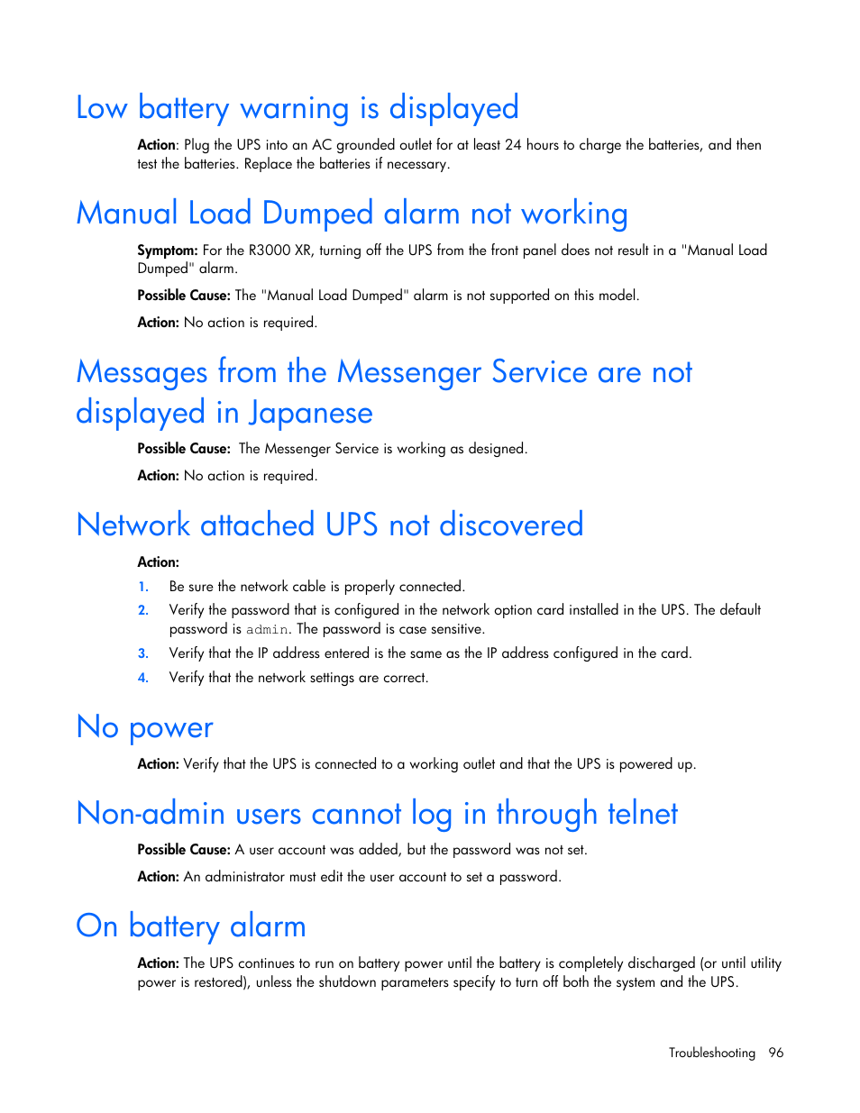 Low battery warning is displayed, Manual load dumped alarm not working, Network attached ups not discovered | No power, Non-admin users cannot log in through telnet, On battery alarm | HP UPS Management Modules User Manual | Page 96 / 133