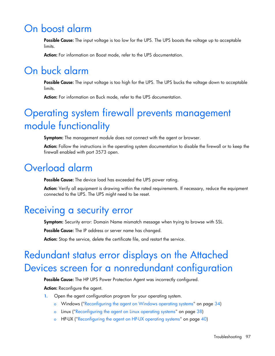On boost alarm, On buck alarm, Overload alarm | Receiving a security error | HP UPS Management Modules User Manual | Page 97 / 133