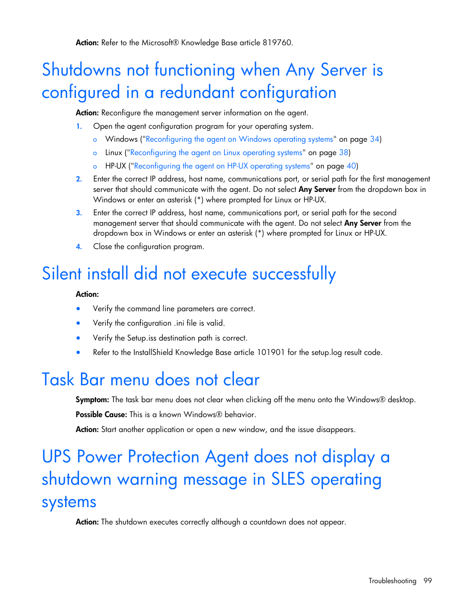 Silent install did not execute successfully, Task bar menu does not clear | HP UPS Management Modules User Manual | Page 99 / 133