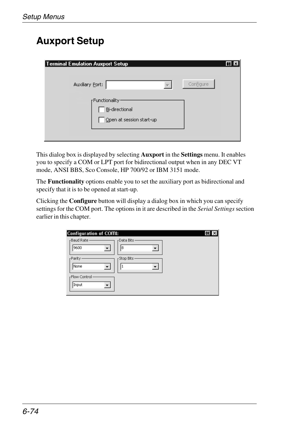 Auxport setup, Auxport setup menu, Auxport settings | Auxport setup -74 | HP Neoware e140 Thin Client User Manual | Page 158 / 484