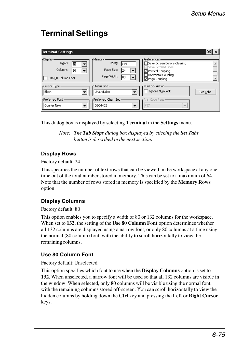Terminal settings, 80 column font, 80/132 columns | Rows, Terminal settings -75 | HP Neoware e140 Thin Client User Manual | Page 159 / 484