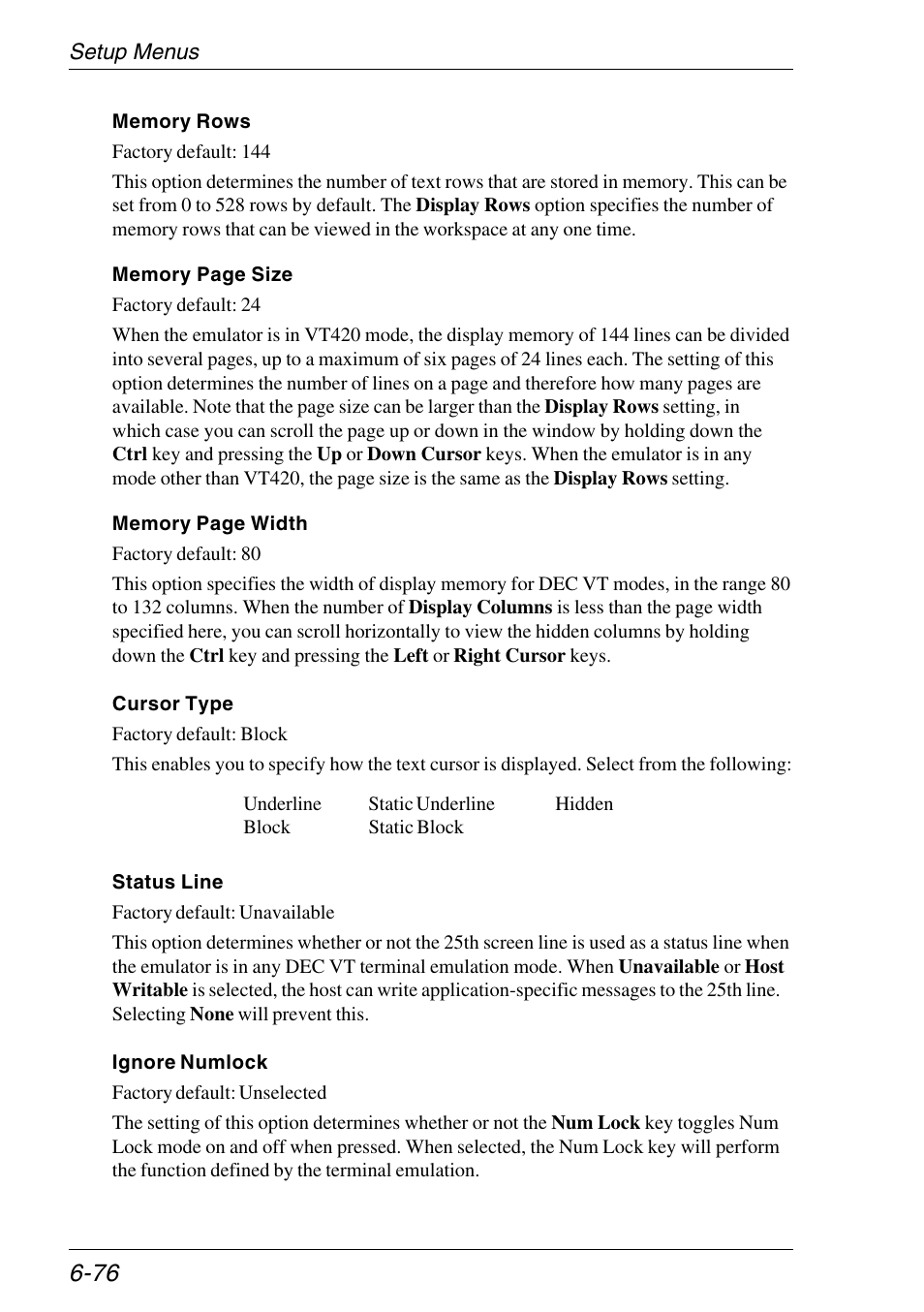 Buffer rows, Buffer size, Cursor type | Dec status line, Dec host writable | HP Neoware e140 Thin Client User Manual | Page 160 / 484