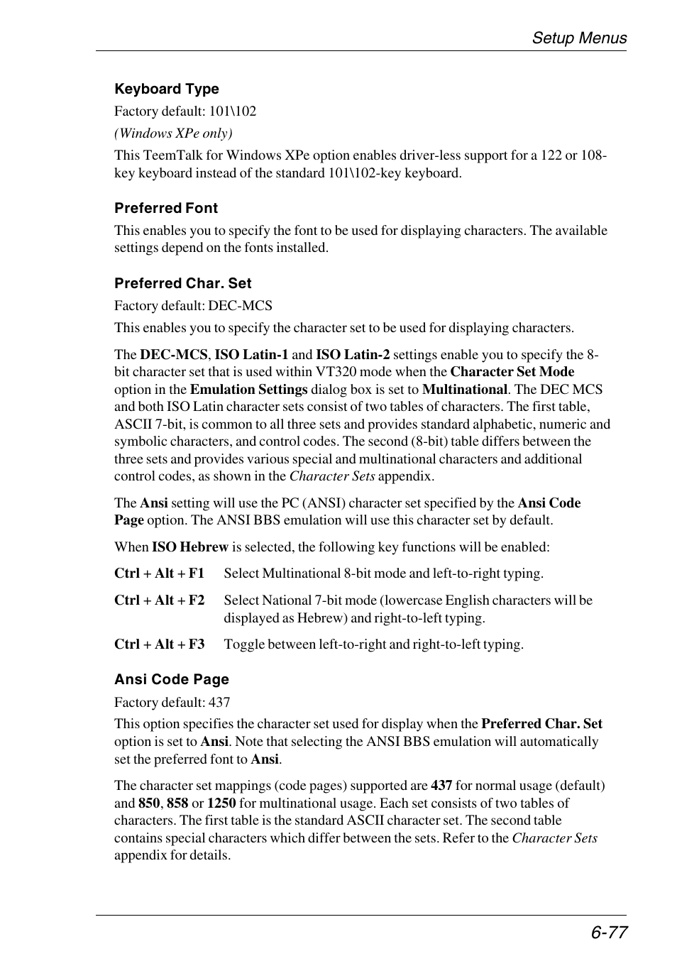 Character set selection, Dec multinational set, Typing direction (dec suite) | Iso latin multinational set, Type, Multinational character set, Hebrew language (dec suite) | HP Neoware e140 Thin Client User Manual | Page 161 / 484