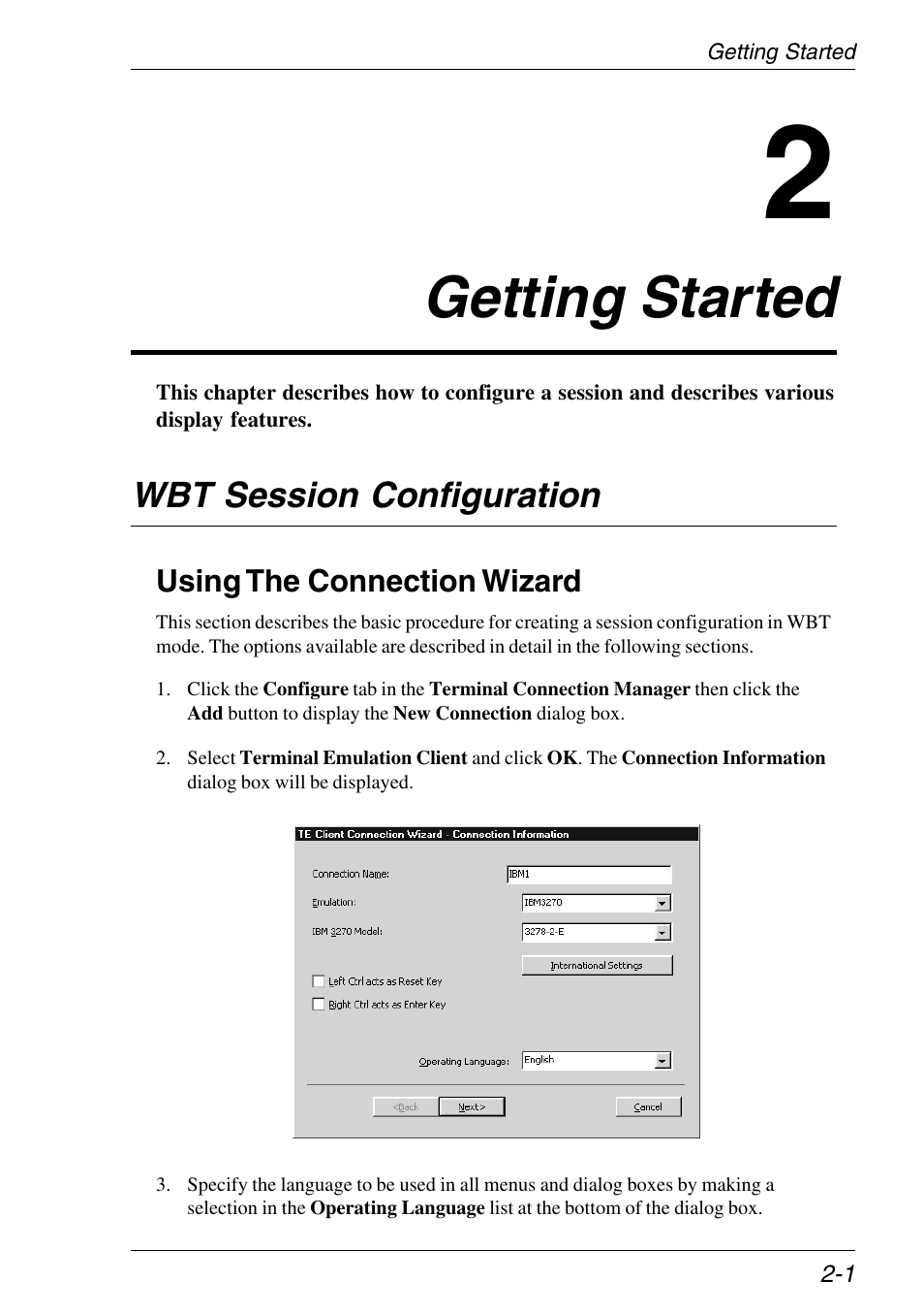 Getting started, Wbt session configuration, Using the connection wizard | Connection wizard, Connection information, Language selection, Operating language, Getting started -1, Wbt session configuration -1, Using the connection wizard -1 | HP Neoware e140 Thin Client User Manual | Page 17 / 484
