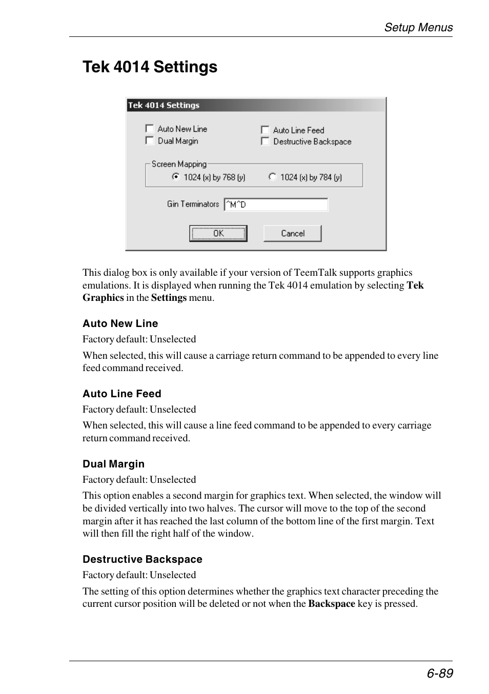 Tek 4014 settings, Settings menu, Tek 4014 settings -89 | HP Neoware e140 Thin Client User Manual | Page 173 / 484