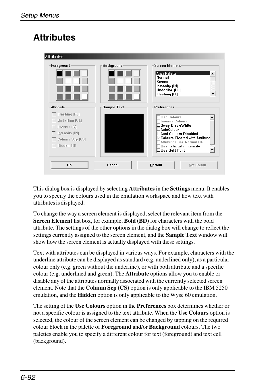 Attributes, Colour attributes, Line styles | Text attributes, Colour selection, Attributes -92 | HP Neoware e140 Thin Client User Manual | Page 176 / 484