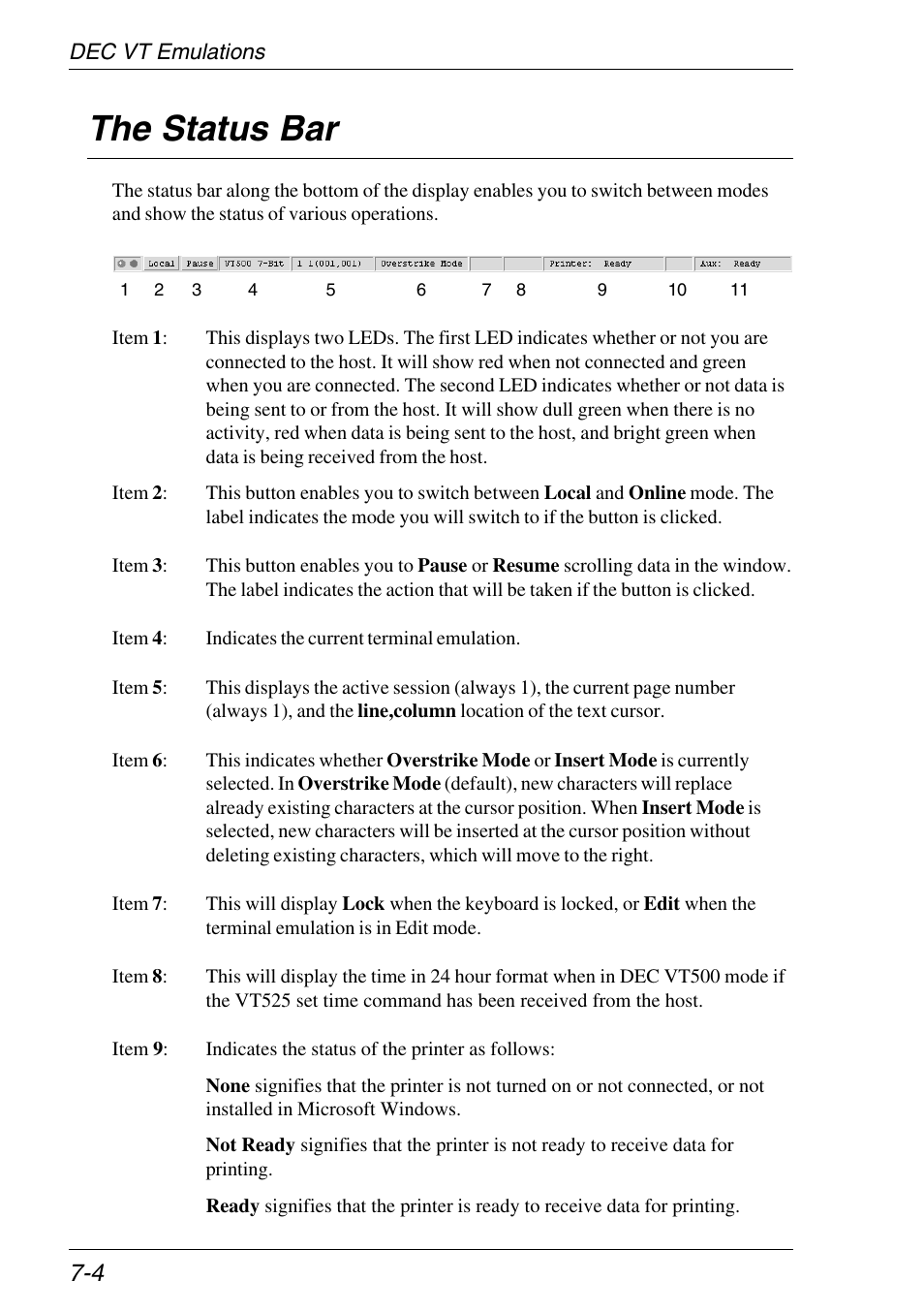 The status bar, Status bar, Dec vt emulations | The status bar -4 | HP Neoware e140 Thin Client User Manual | Page 196 / 484