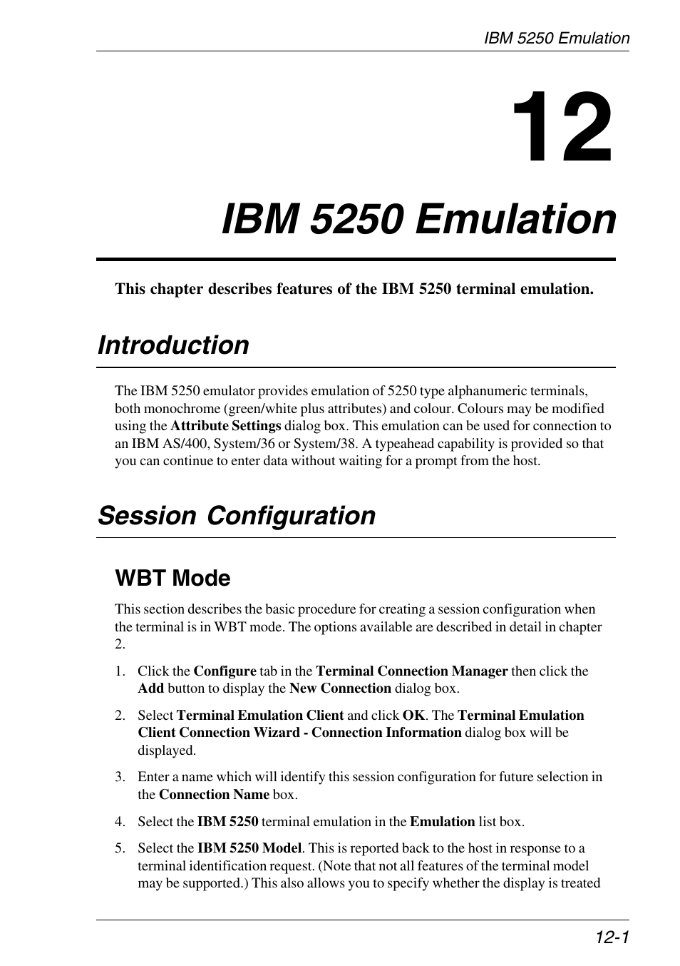 Ibm 5250 emulation, Introduction, Session configuration | Wbt mode, Selecting, Ibm 5250 emulation -1, Introduction -1, Session configuration -1, Wbt mode -1 | HP Neoware e140 Thin Client User Manual | Page 245 / 484