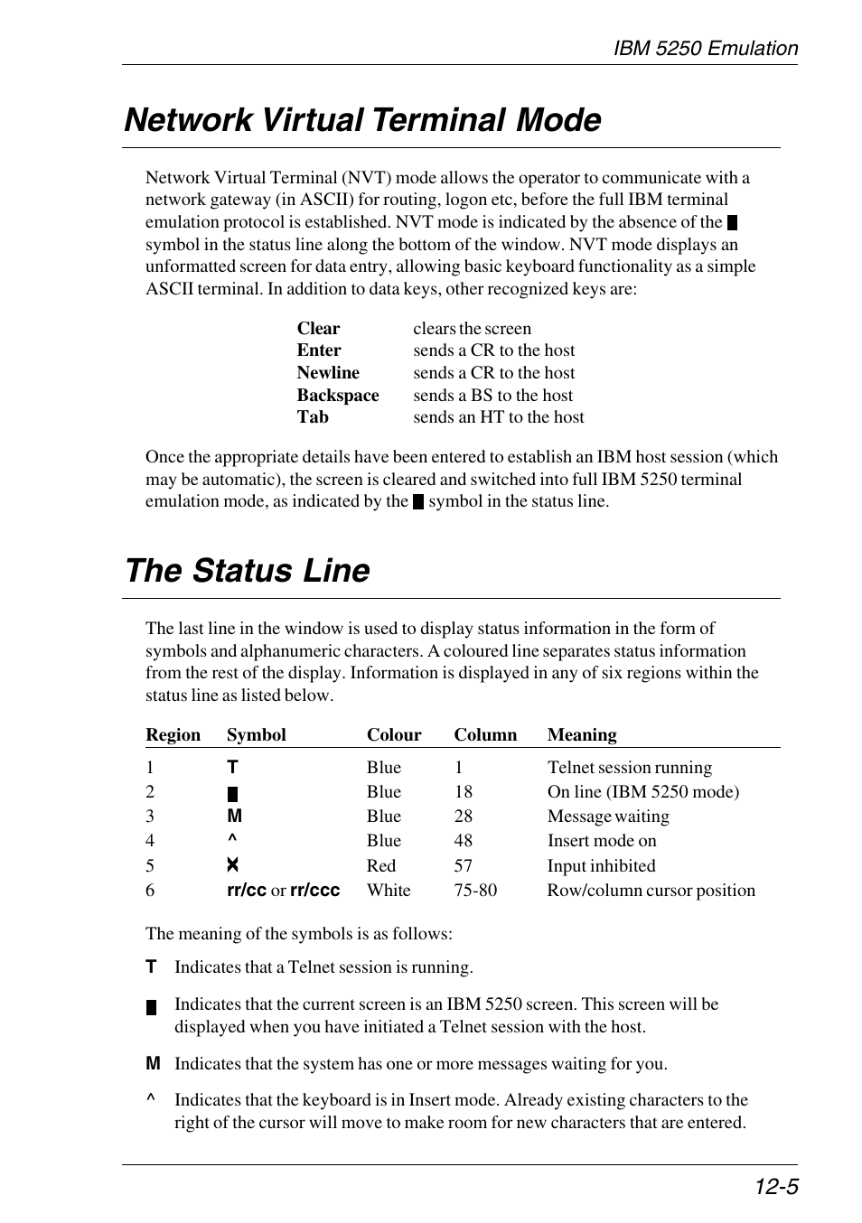 Network virtual terminal mode, The status line, Ibm 5250 emulation | Status line, Network virtual terminal mode -5, The status line -5 | HP Neoware e140 Thin Client User Manual | Page 249 / 484