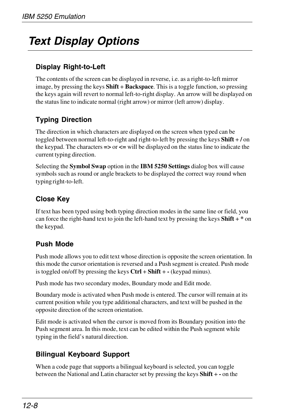 Text display options, Bilingual keyboard support, Close key | Display right-to-left, Push mode, Typing direction, Text display options -8 | HP Neoware e140 Thin Client User Manual | Page 252 / 484